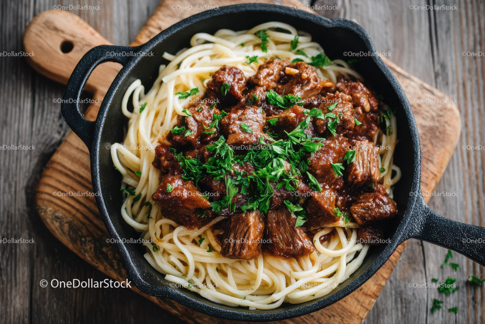 Hearty Beef and Cherry Tomato Pasta in Rustic Skillet