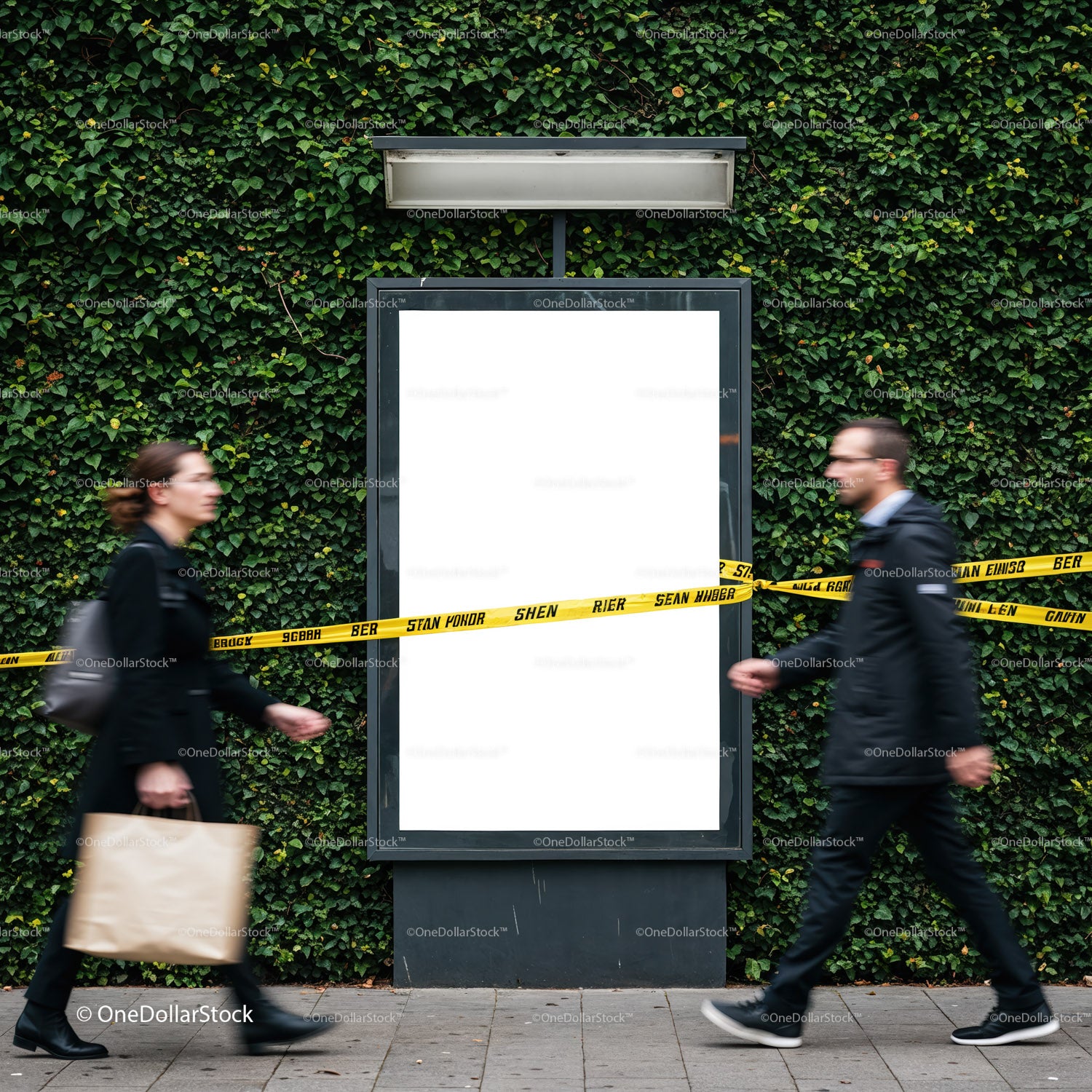 Two people walking past blank urban billboard with caution tape