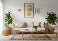Cozy living room with modern beige sofa and greenery