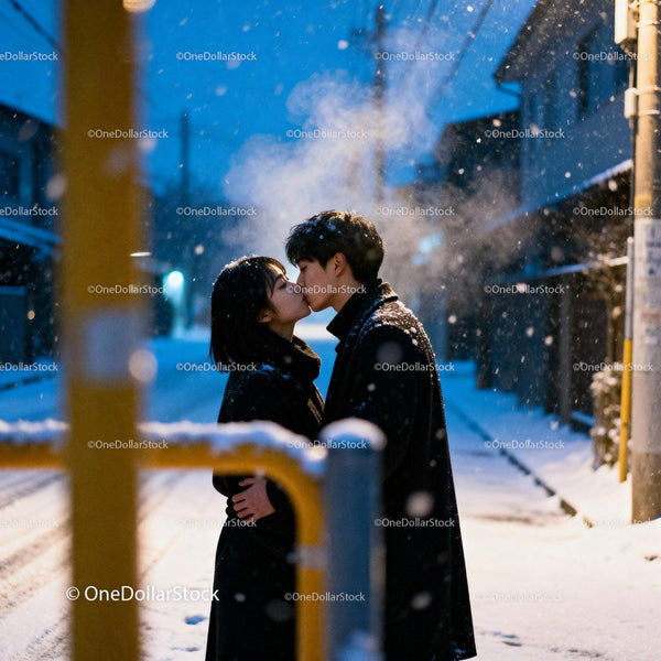 Couple sharing a tender kiss on snowy winter evening