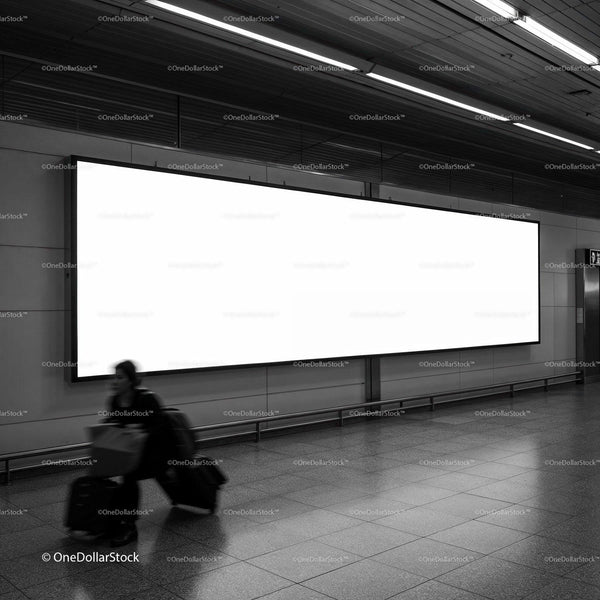 Traveler Walking Past Large Empty Advertising Billboard JPG Mockup Image