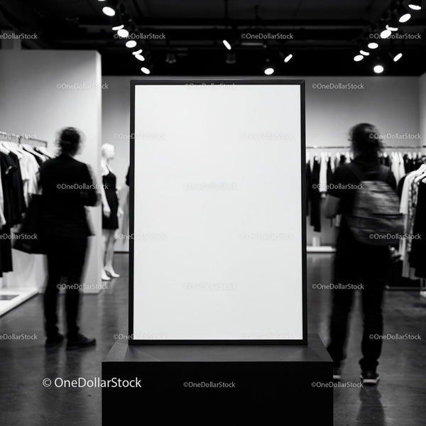 Blank Poster Stand in Modern Fashion Store Interior JPG Mockup Image
