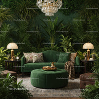 Elegant green velvet living room with lush indoor plants