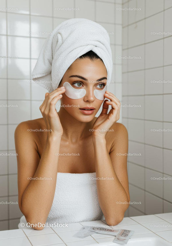 Young woman applying under eye patches in modern bathroom