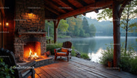 Rustic Lakeside Porch with Fireplace and Scenic Water View