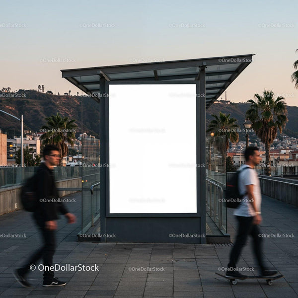 Urban street scene with blank billboard at dusk JPG Mockup Image