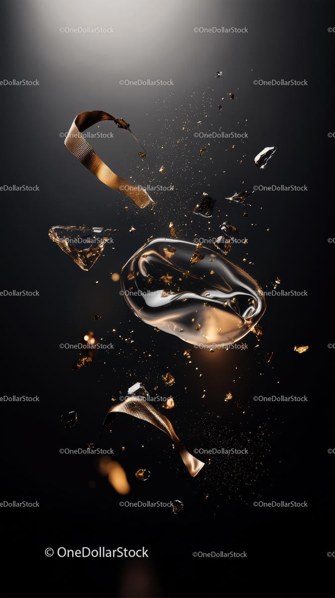 Shattered Glass Explosion with Metallic Ribbon and Debris in Dark Background
