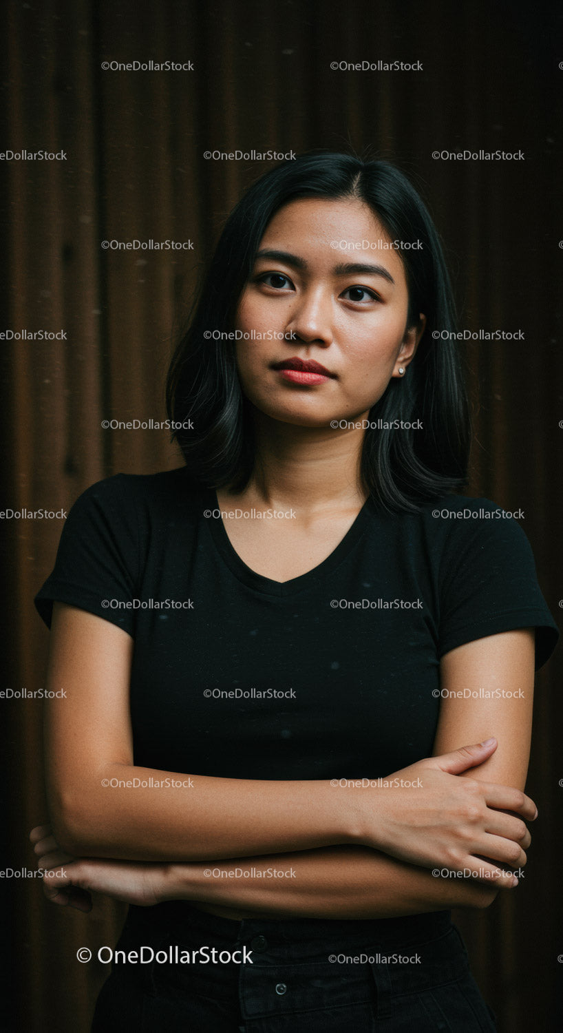 Confident young woman with folded arms and thoughtful expression