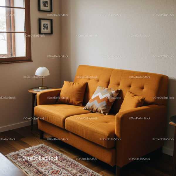 Elegancka pomarańczowa sofa w przytulnym nowoczesnym salonie z poduszkami