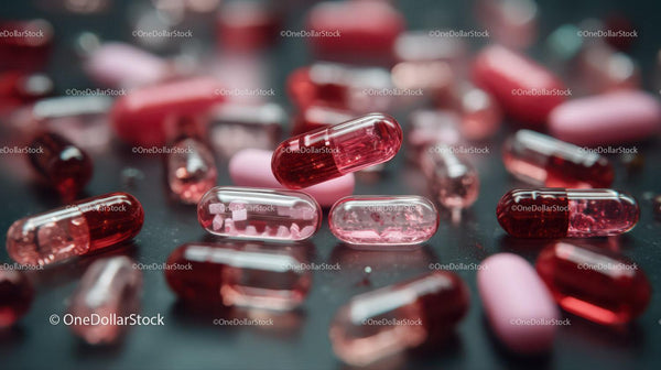 Red and Pink Capsules with Assorted Pills in Close-Up