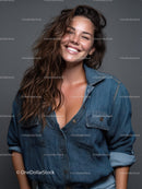 Smiling Woman with Wavy Hair in Denim Shirt on Gray Background
