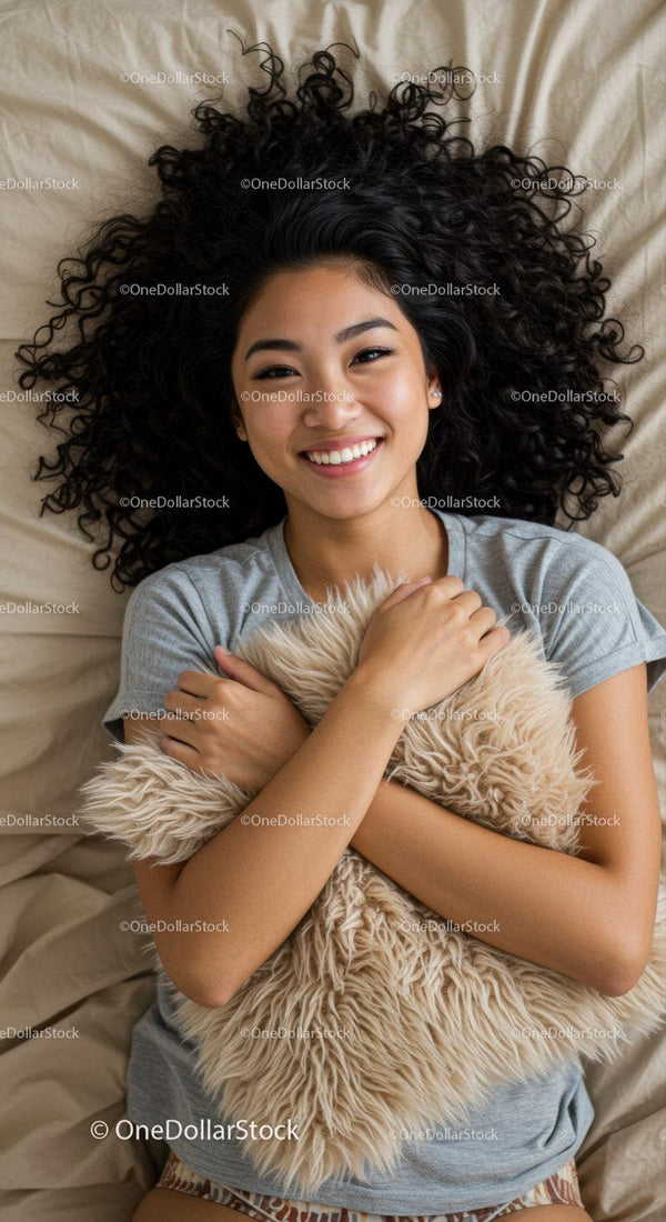Smiling young woman lying on bed hugging fluffy pillow