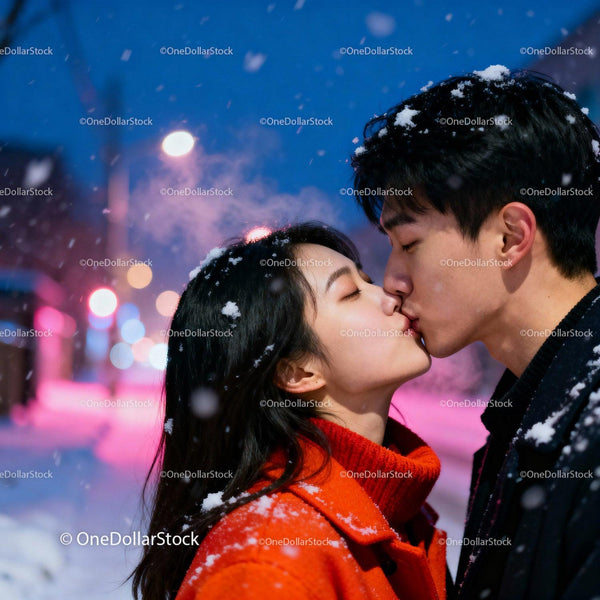 Couple sharing a tender kiss on a snowy winter night