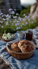 Rustic Bread Basket with Milk Jars and Daisy Flowers in Outdoor Setting