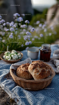 Rustic Bread Basket with Milk Jars and Daisy Flowers in Outdoor Setting