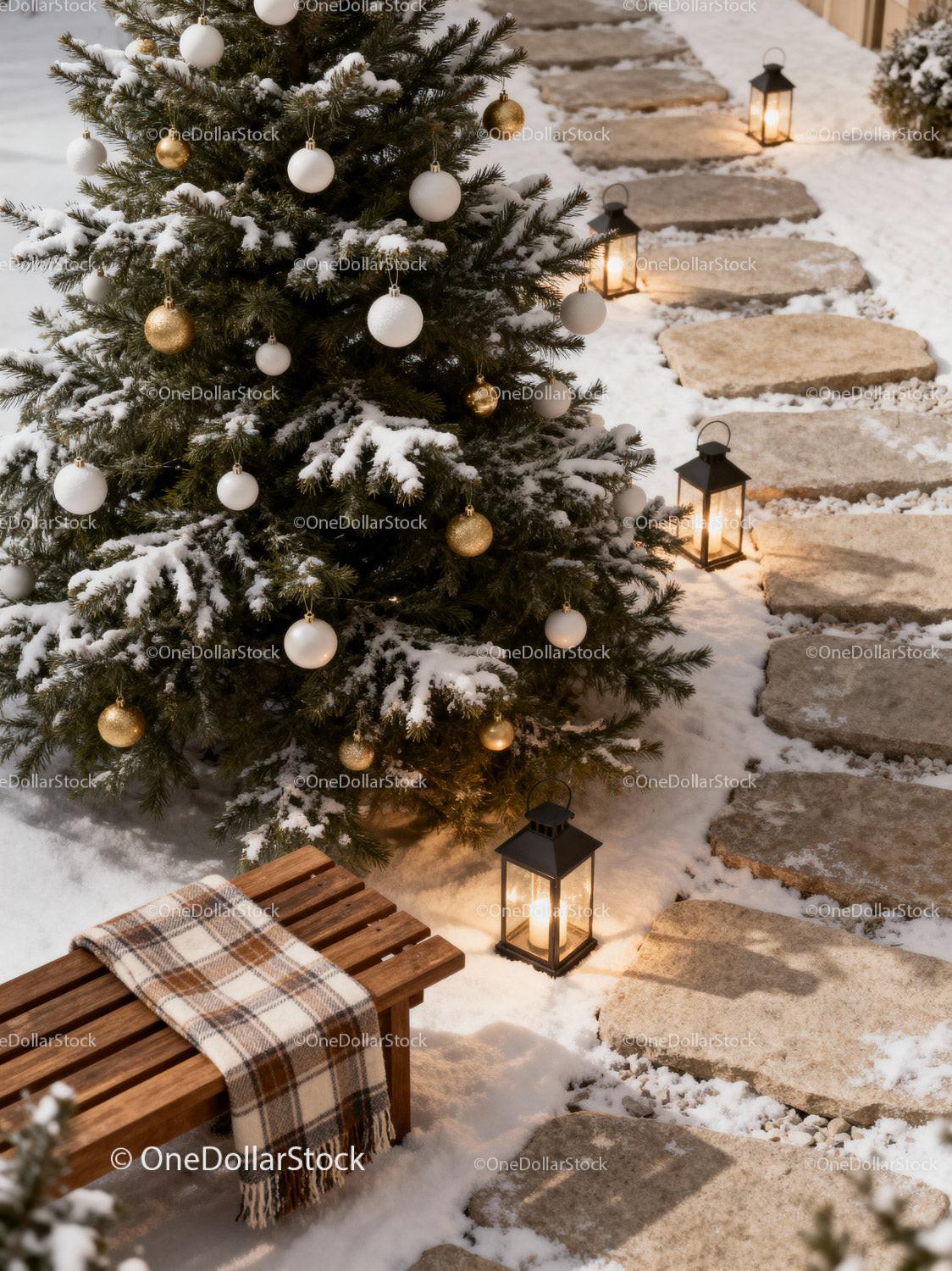 Snowy Christmas Tree with Lit Lanterns and Cozy Bench