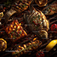 Fresh Grilled Fish and Vegetables on Barbecue Grill Surface
