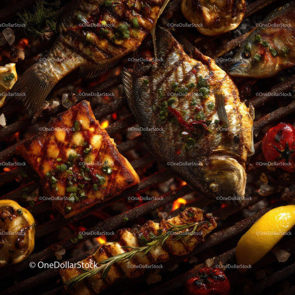 Fresh Grilled Fish and Vegetables on Barbecue Grill Surface
