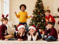 Happy children celebrating Christmas in festive outfits