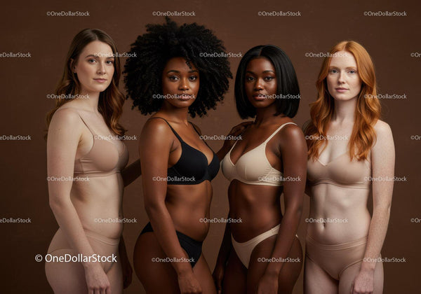 Diverse women in neutral lingerie standing confidently