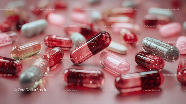 Colorful Assorted Capsules and Pills on Pink Surface for Medical Use