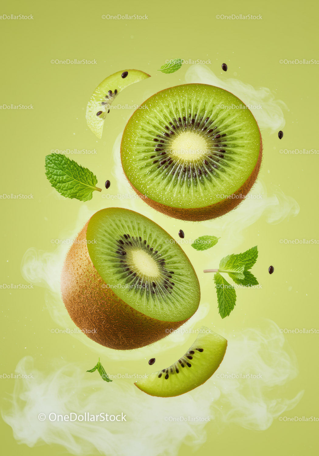 Fresh sliced kiwifruit with mint leaves on green background