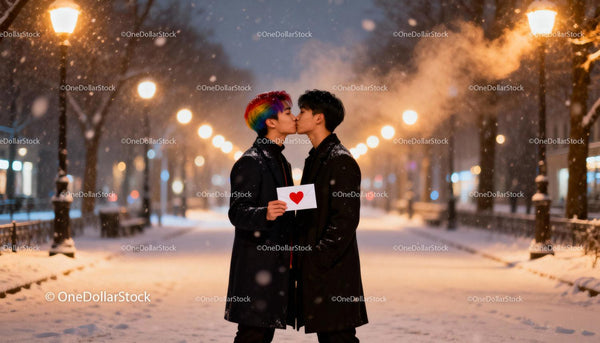 Couple sharing kiss in snowy park with love letter