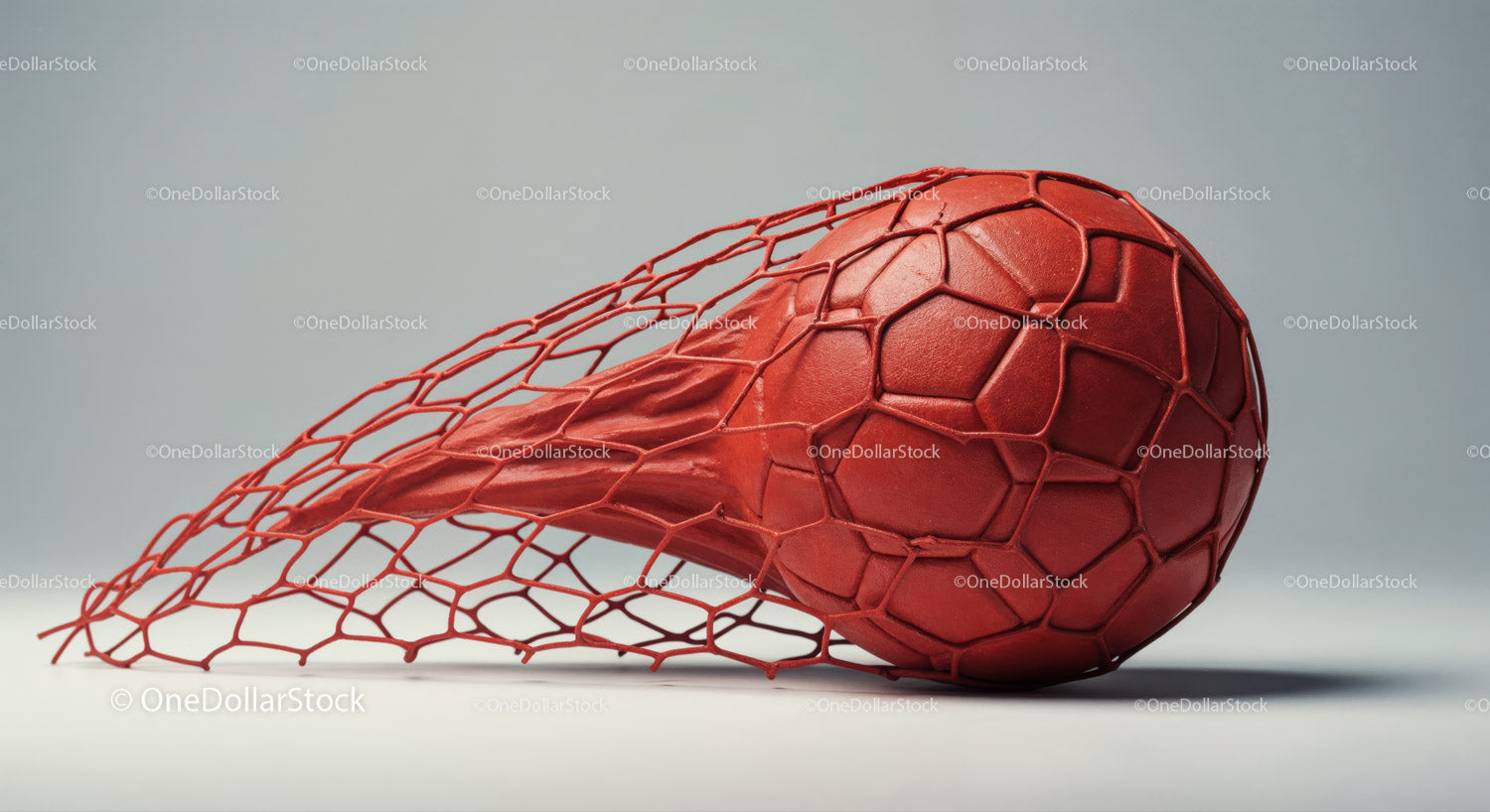 Red Soccer Ball in Goal Net with Dynamic Sports Atmosphere