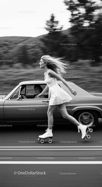 Young woman roller skating beside classic car on road