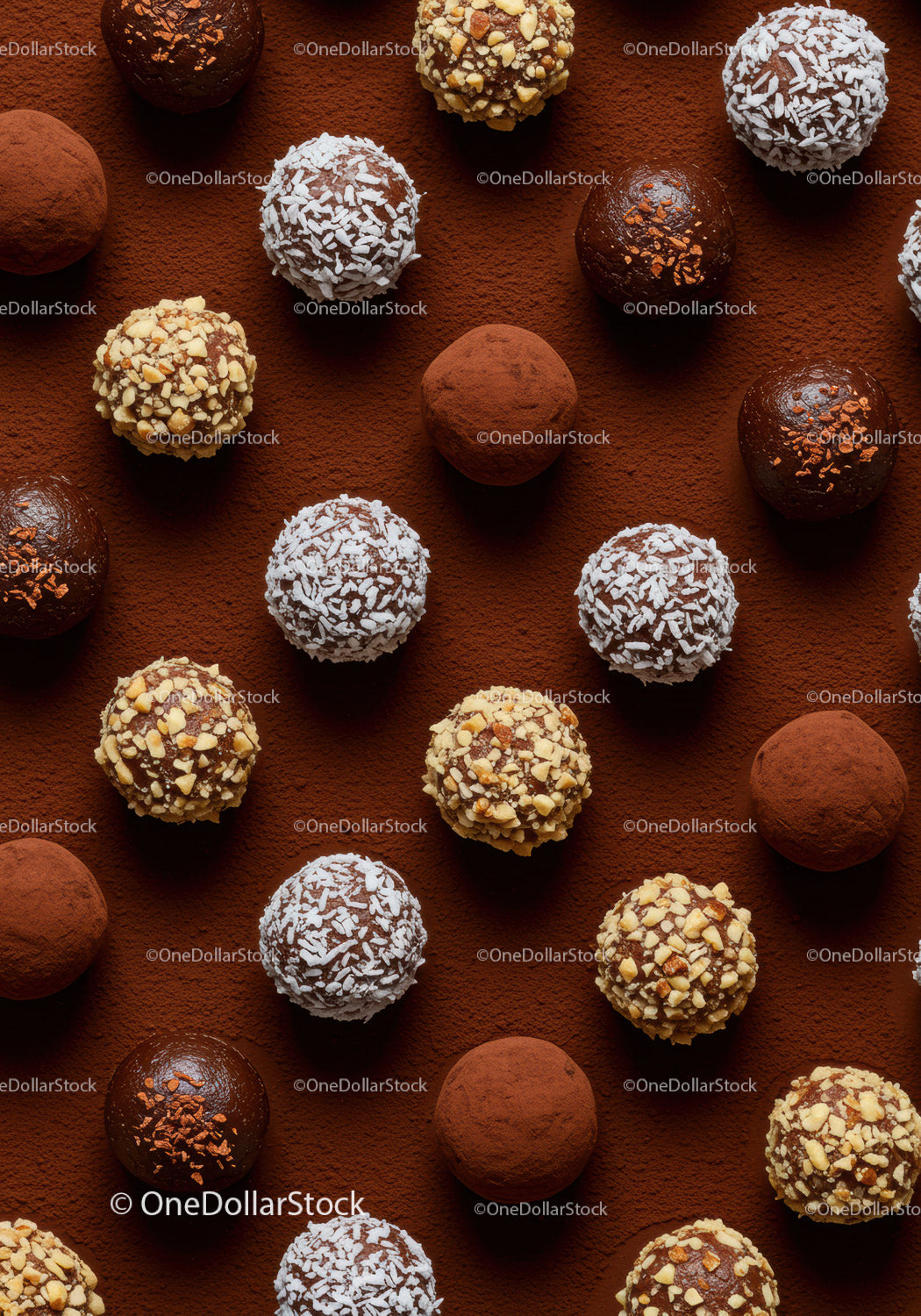 Assorted gourmet chocolate truffles on cocoa powder