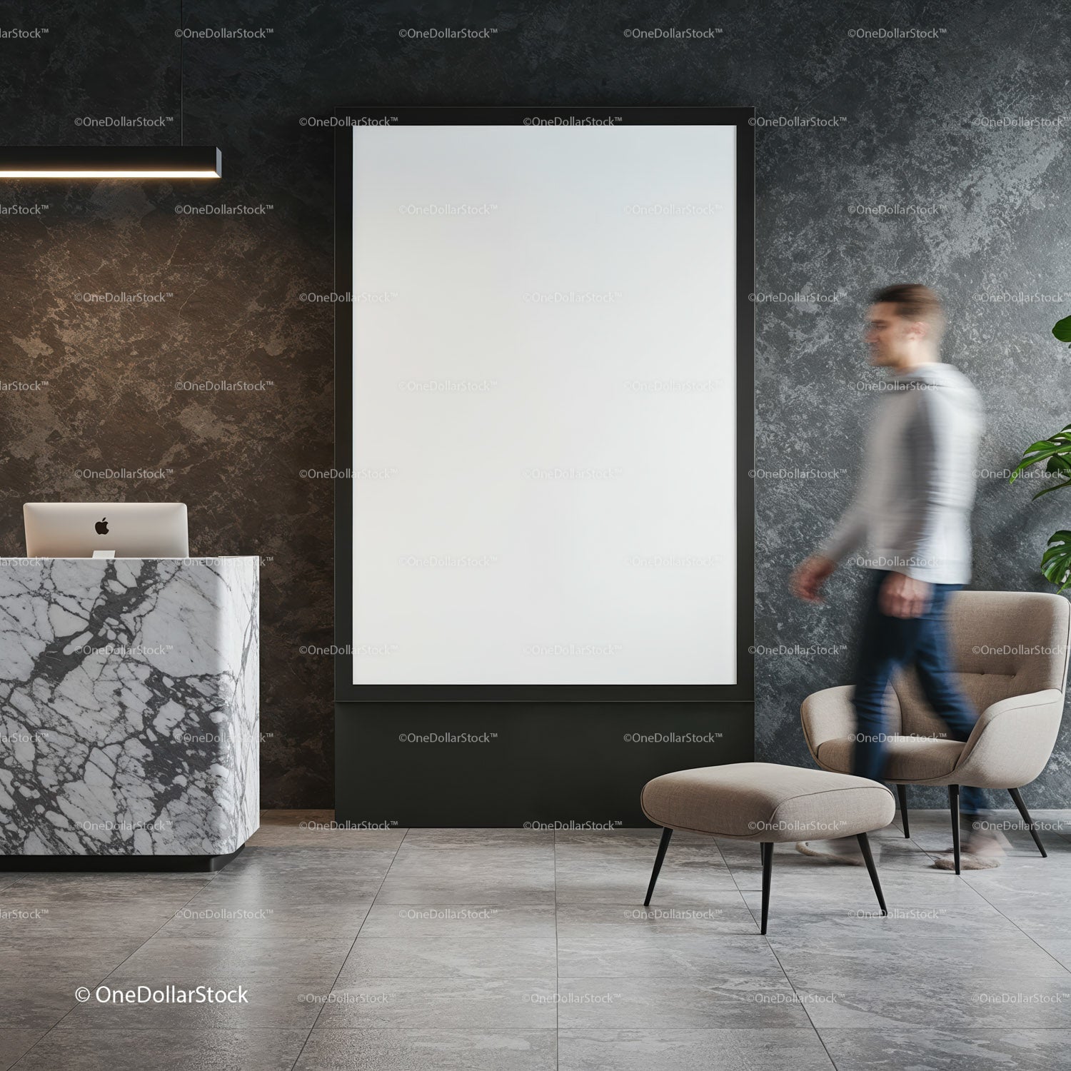 Modern lobby interior with blank poster and stylish furniture