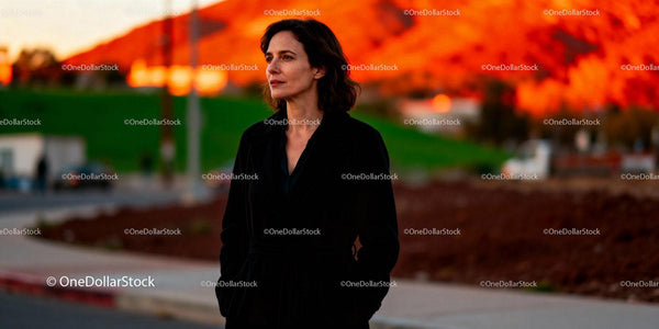 Thoughtful woman standing outdoors during golden hour