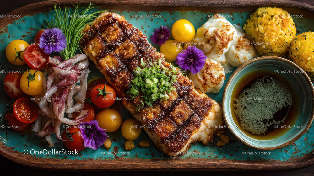 Colorful Fish Fillet with Cherry Tomatoes and Gourmet Sides on Rustic Platter