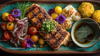 Colorful Fish Fillet with Cherry Tomatoes and Gourmet Sides on Rustic Platter