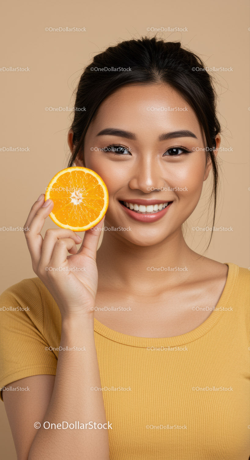 Bright Portrait of Smiling Woman Holding Fresh Orange Slice for Healthy Lifestyle