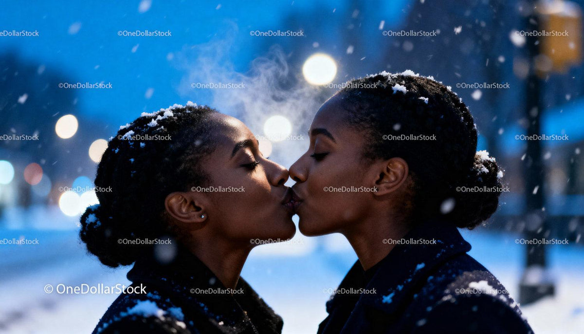 Couple Sharing a Tender Kiss on Snowy Winter Evening