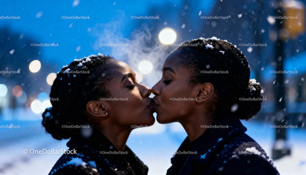 Couple Sharing a Tender Kiss on Snowy Winter Evening