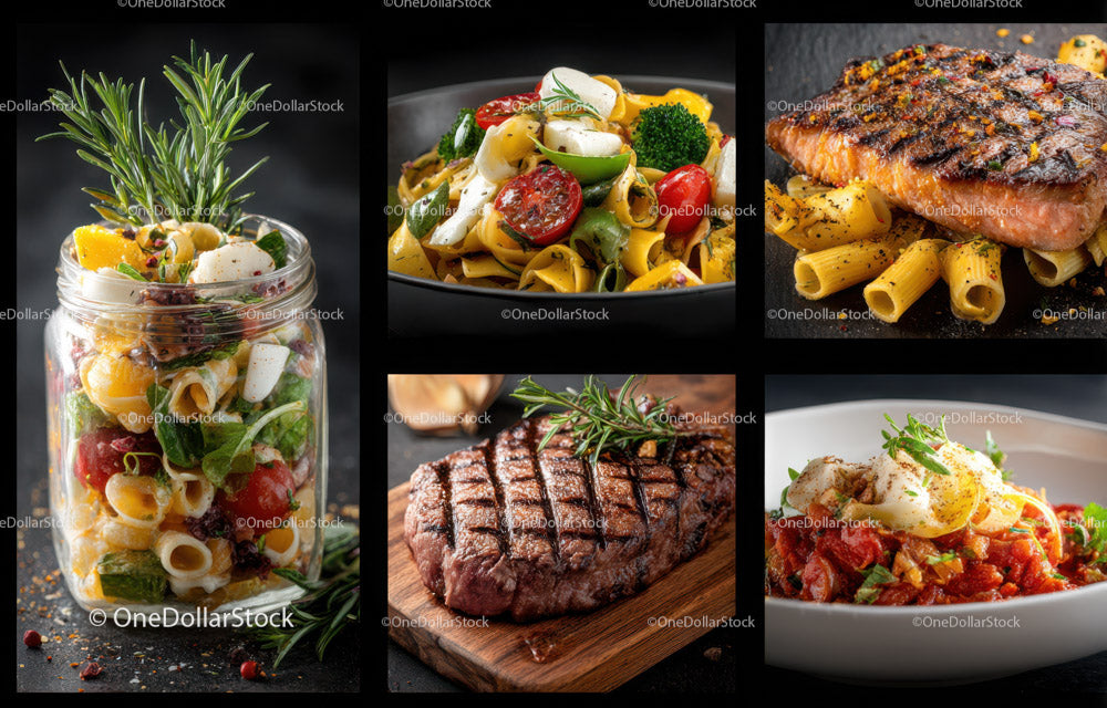 Assorted Gourmet Food with Pasta, Steak, Salmon and Vegetable Salad