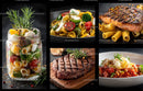Assorted Gourmet Food with Pasta, Steak, Salmon and Vegetable Salad