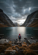Scenic Mountain Valley with Dark Clouds and Tranquil Lake