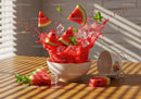 Refreshing watermelon splash with ice and mint leaves