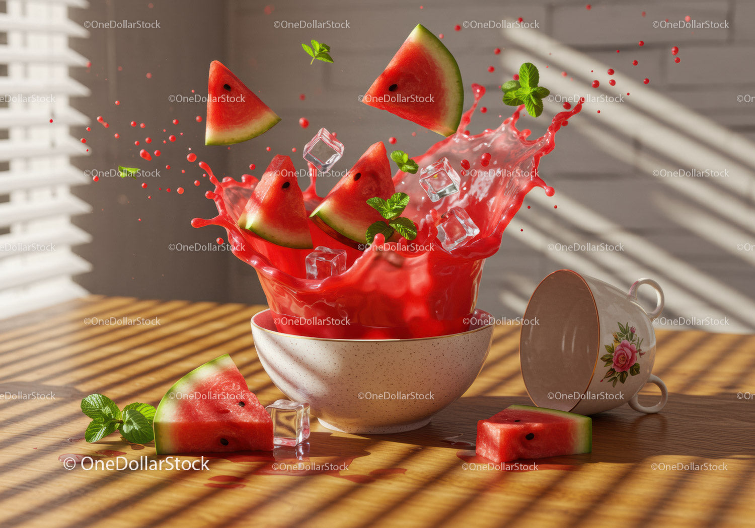 Refreshing watermelon splash with ice and mint leaves