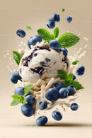 Blueberry Ice Cream with Mint and Berry Splash in a Bright Scene