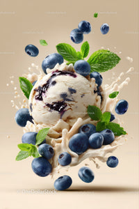 Blueberry Ice Cream with Mint and Berry Splash in a Bright Scene