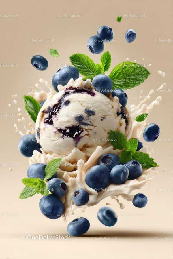 Blueberry Ice Cream with Mint and Berry Splash in a Bright Scene