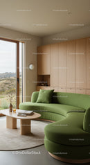 Modern living room with green curved sofa and natural light