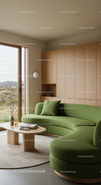 Modern living room with green curved sofa and natural light