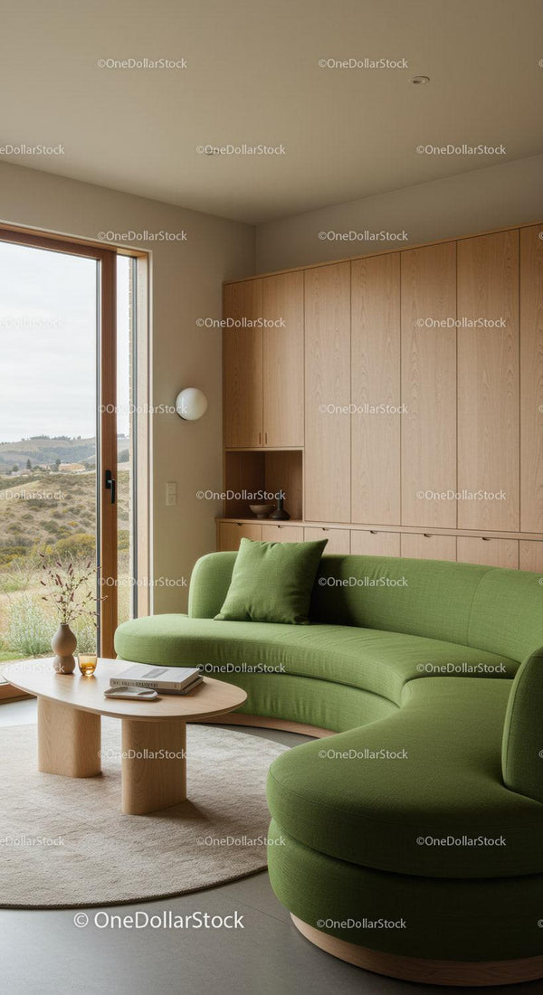 Modern living room with green curved sofa and natural light