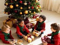 Joyful children exchanging gifts by decorated Christmas tree