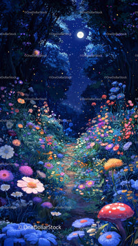 Magical Night Forest with Glowing Mushrooms and Bright Moon